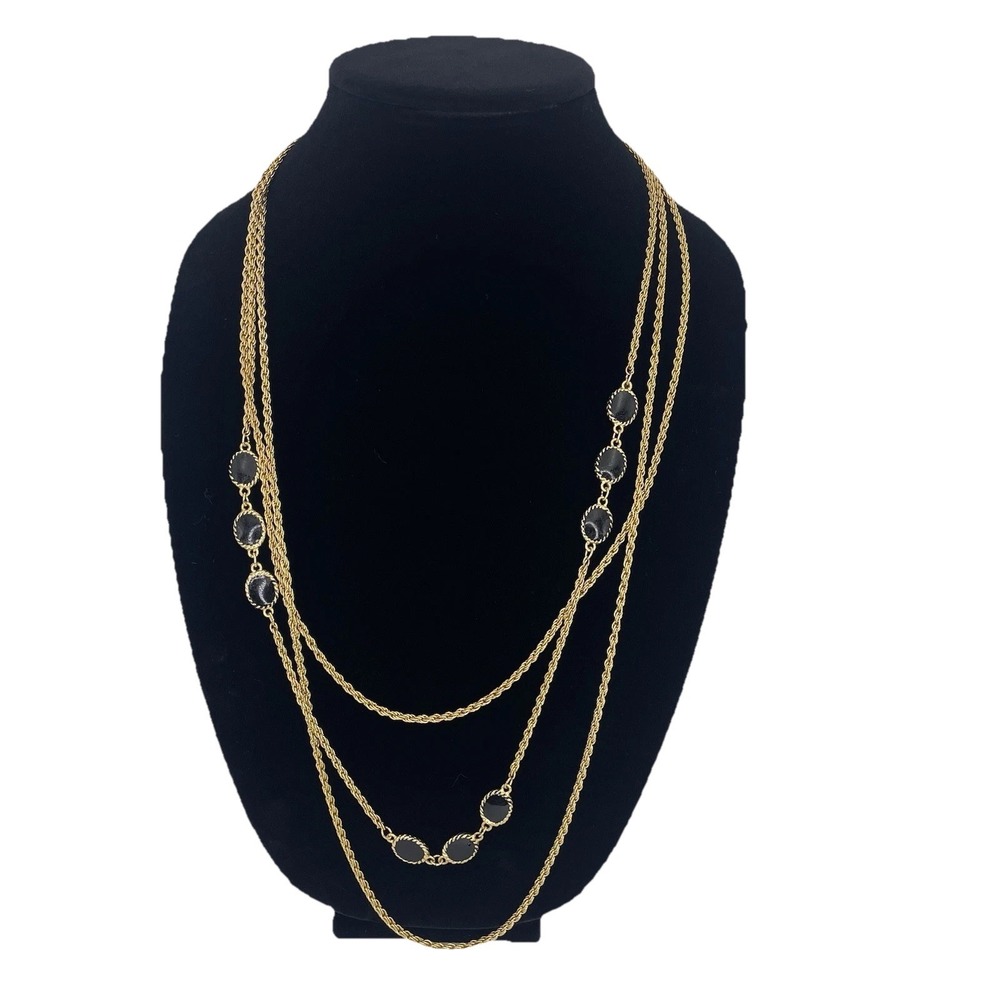 Vintage 3 Strand Gold Tone Rope Chain & Black Ovals NECKLACE Korea 1980s 26"